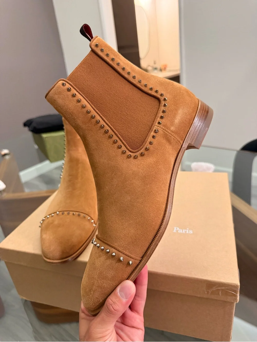 Men's Suede Chelsea Cloo Boots with Stud Detail - Tan
